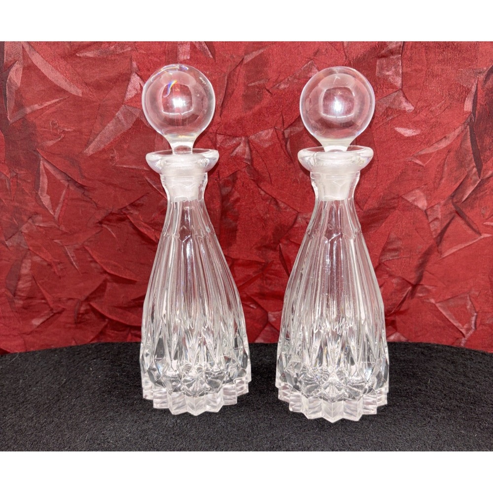 Bohemian Cut Crystal Personal Decanter Perfume Bottles 6.75" tall Sawtooth Set 2